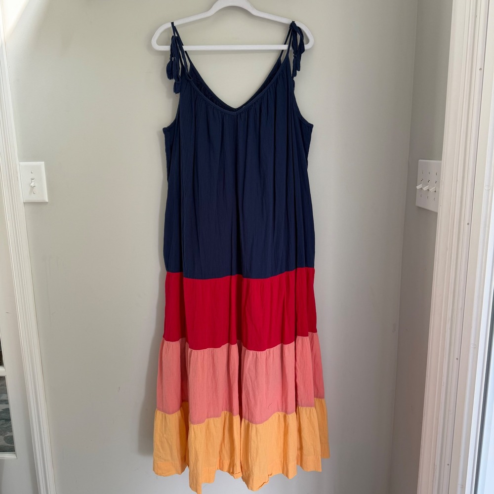 Old Navy Maxi Dress Color Block Blue Tiered Swing Tie Shoulder 100% Cotton XL